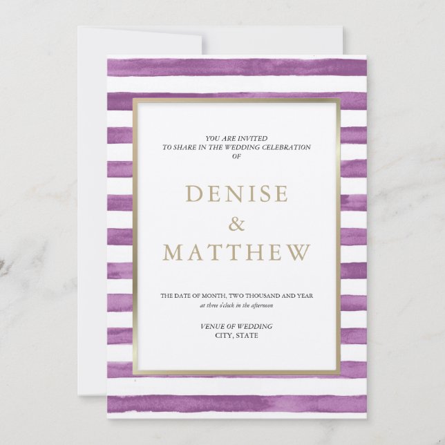 Convite Dalia Listras de Aquarela Roxa & Letreiro Dourado (Frente)