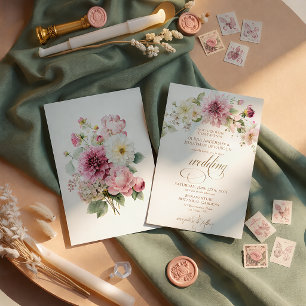 Convite Dálias Rosa Flores Silvestres Texto Dourado Casame