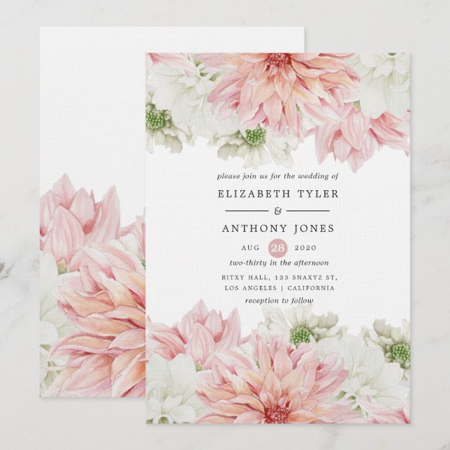 Convite Dálias Rosadas Casamento Floral (Frente/Verso)