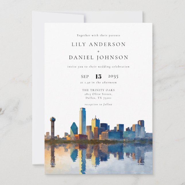 Convite Dallas Skyline Watercolor QR Code Wedding (Frente)