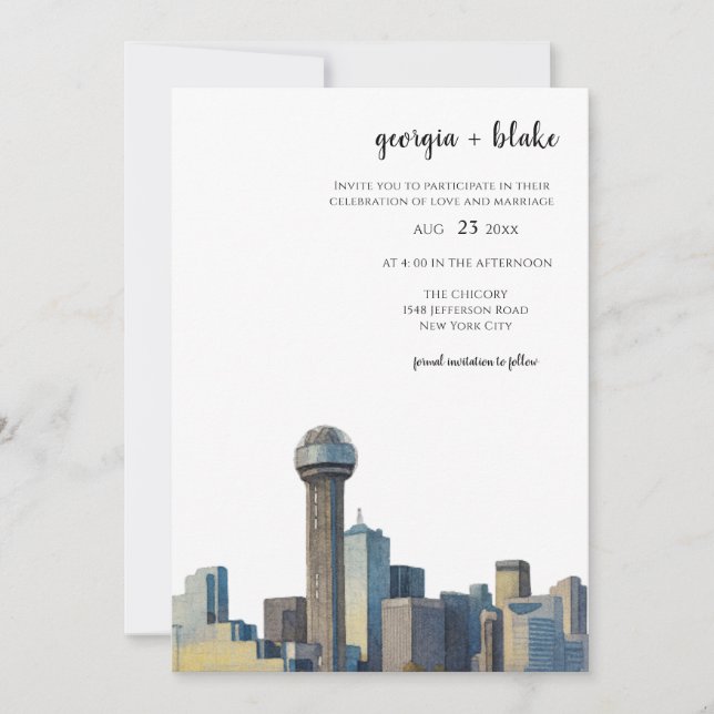 Convite  Dallas Texas Skyline Wedding Invitation (Frente)