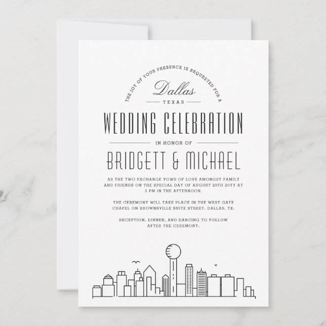 Convite Dallas Wedding | Skyline Moderno Deco (Frente)