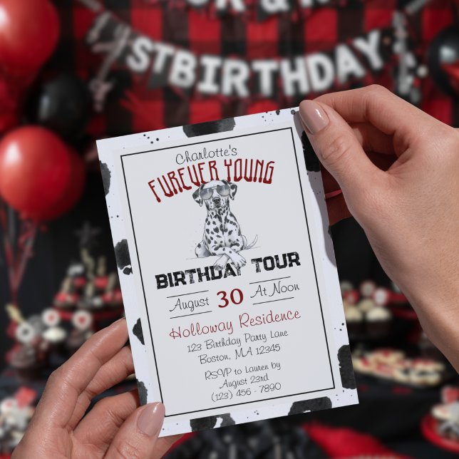 Convite Dalmaciano Fuere Young primeiro aniversario Pawty (Celebrate your headliner's special day with this Dalmatian Furever Young 1st Birthday Invitation!)