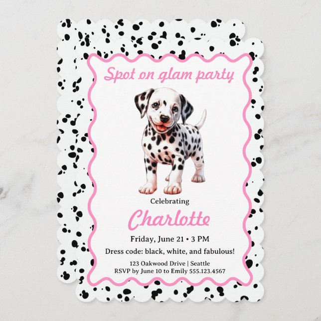 Convite Dalmatian Print Birthday | Black and White party (Frente/Verso)