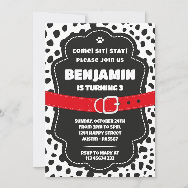 Convite Dalmatian Spots Black Invitation for Birthday (Frente)
