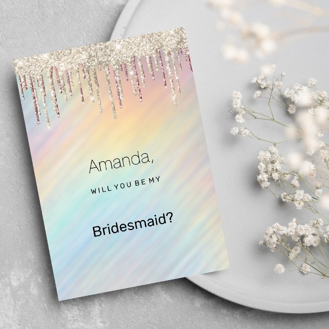 Convite Dama de honra com brilho holográfico em tons de ar (Rainbow holographic gold glitter drips Bridesmaid )