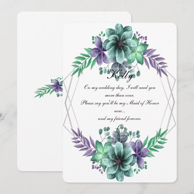 Convite Dama de Honra Floral em Aquarela Verde e Roxa (Frente/Verso)