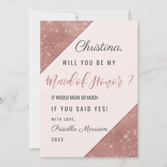 Convite Dama de Honra Lantejoulas Brilho Dourado Rosado (Frente)