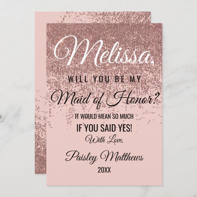 Convite Dama de Honra Rosa Dourado Brilho Purpurina Rosa (Frente/Verso)