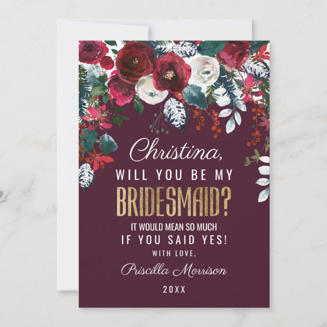 Convite Dama de honra vermelha do arranjo floral do marfim (Frente)