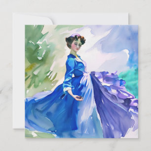 Convite Dama em Vestido Azul - Pintura em Aquarela