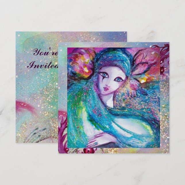 Convite DAMA MÁSCARA AZUL Elegante Festa de Máscaras Venez (Frente/Verso)