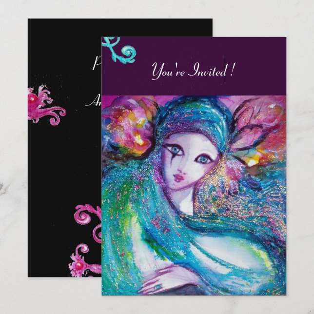 Convite DAMA MÁSCARA AZUL Festa de Mascarada, Rosa Ciano P (Frente/Verso)