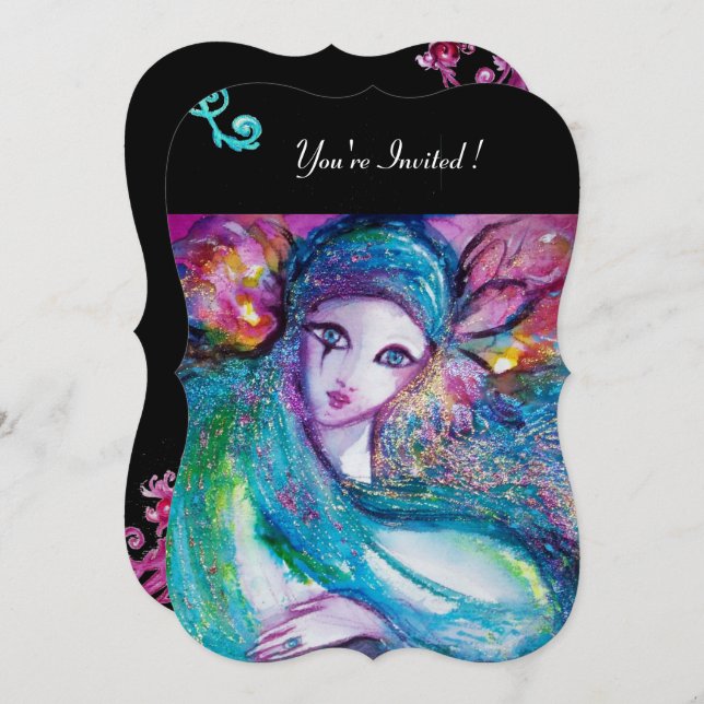 Convite DAMA MÁSCARA AZUL Festa de Mascarados, Floral Pret (Frente/Verso)