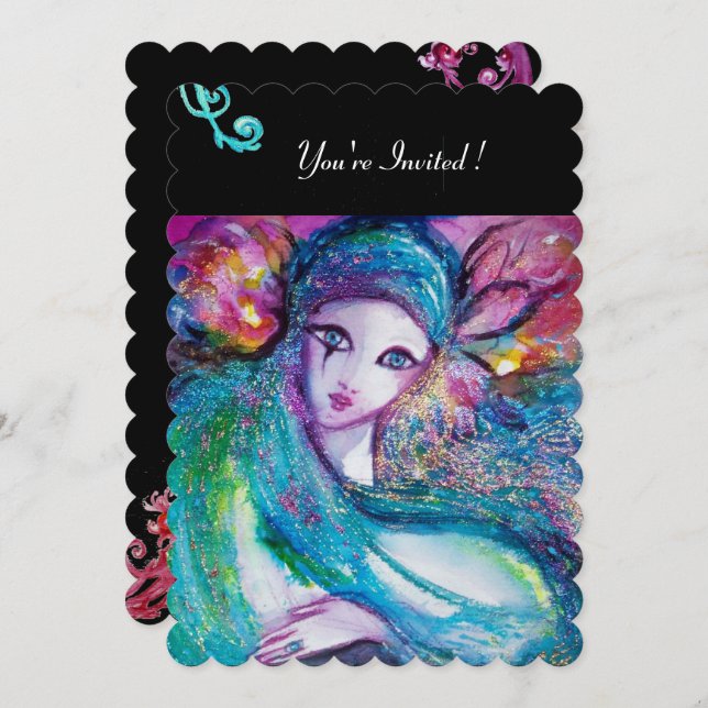 Convite DAMA MÁSCARA AZUL Festa de Mascarados,Redemoinhos  (Frente/Verso)