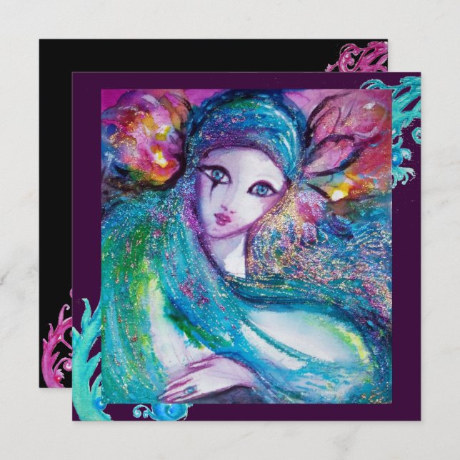 Convite DAMA MÁSCARA AZUL Festa de Mascarados, Verde-azula (Frente/Verso)