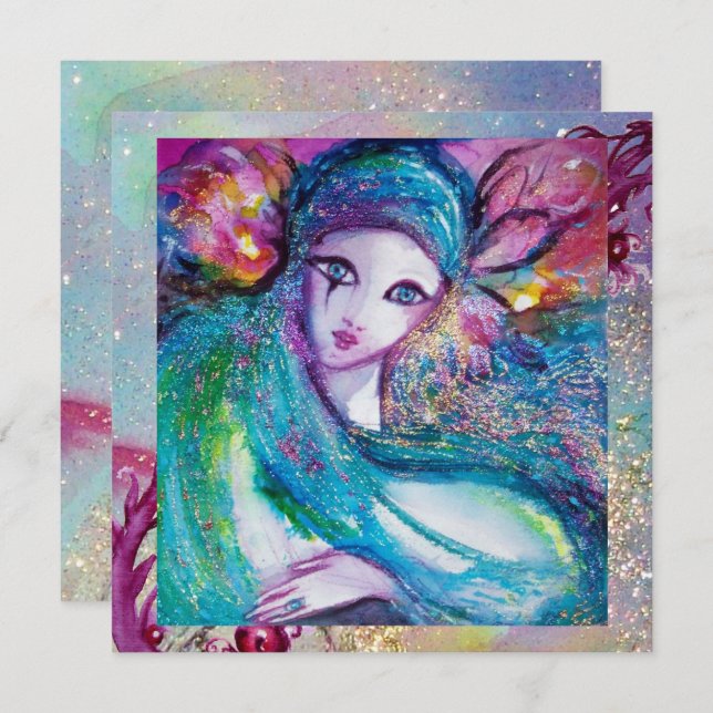 Convite DAMA MÁSCARA AZUL Festa de Máscaras Elegante à Vên (Frente/Verso)