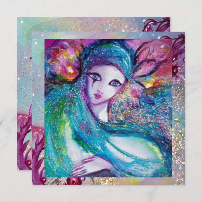 Convite DAMA MÁSCARA AZUL Festa de Máscaras Florais Brilho (Frente/Verso)