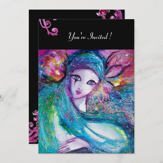 Convite DAMA MÁSCARA AZUL Festa de Máscaras Redemoinhos Ve (Frente/Verso)