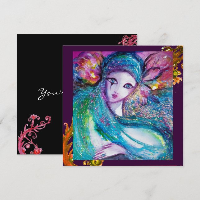 Convite DAMA MÁSCARA AZUL Redemoinhos Vermelhos e Amarelos (Frente/Verso)