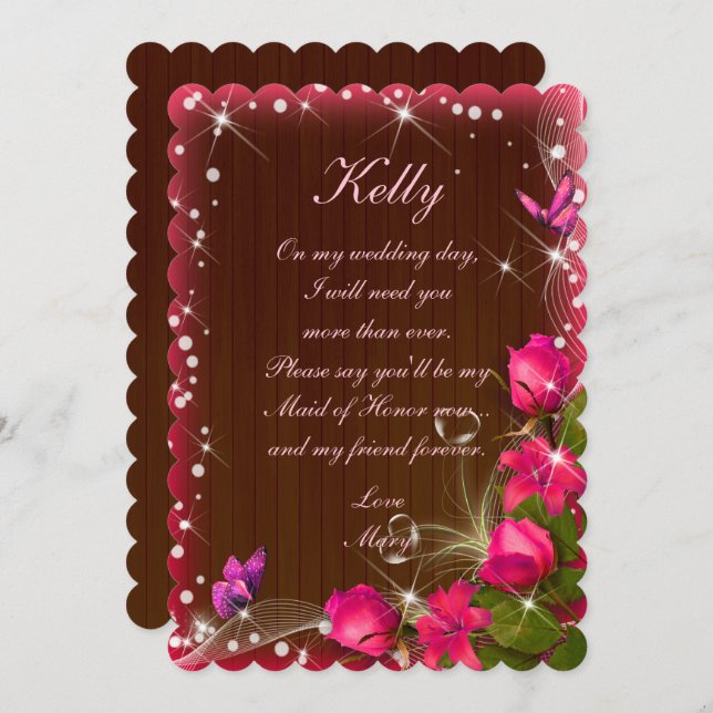 Convite Damas de Honra Floral Rosa Madeira Escura Rústica (Frente/Verso)