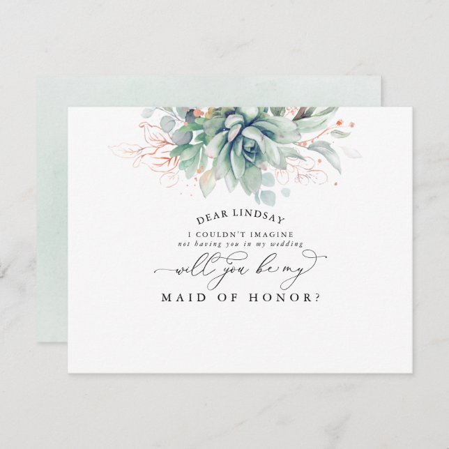 Convite Damas de Honra Folhas Verde Suculentas Proposta (Frente/Verso)