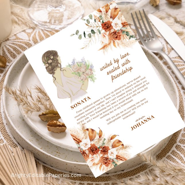 Convite Damas de Honra Sonata Terracotta Chic Boho Soft Ou (Fall in Love with our Sonata Bridesmaid Terracotta Chic Soft Boho Invitations!)