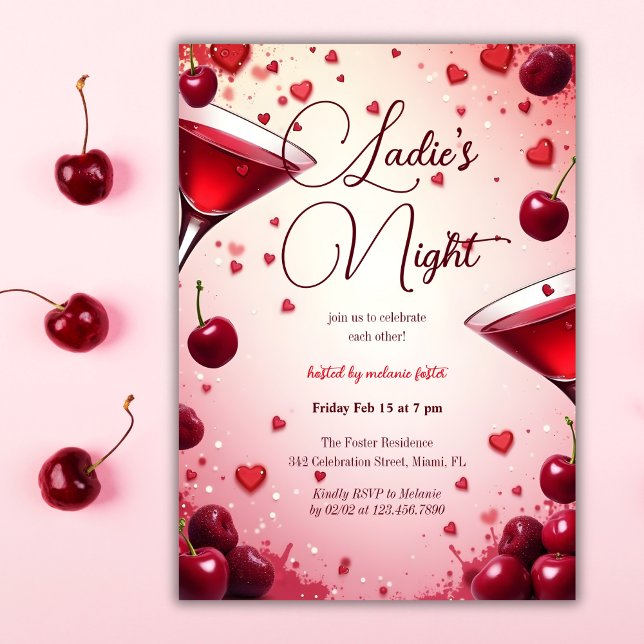 Convite Damas Noite, Cereja e Cocktail Galentine (Ladies Night Cherry & Cocktail Galentine's Invitation)