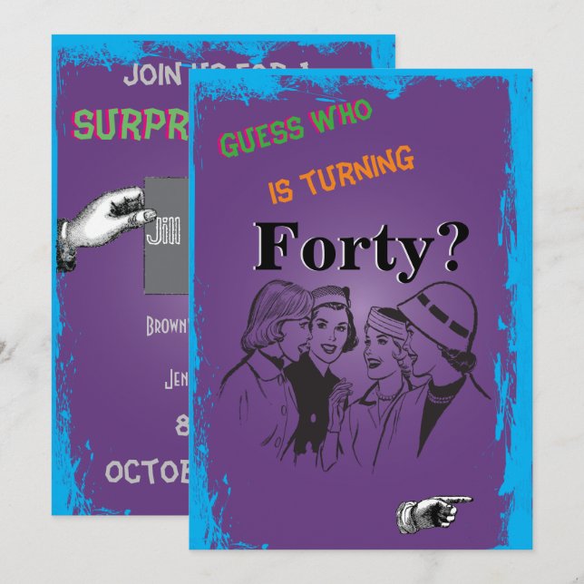 Convite Damas Surprise aniversário de 40 anos Retro Vintag (Frente/Verso)