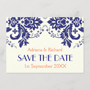Convite Damasceno azul marinho, coral casamento Save the D