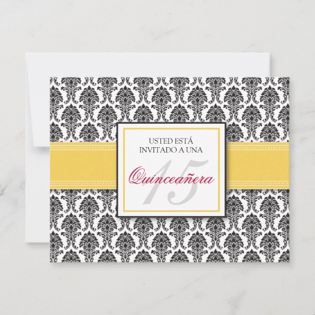 Convite Damasco amarelo ESPANHOL Quinceañera Invitación (Frente)