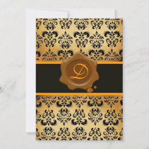 CONVITE DAMASCO AMARELO MARROM E PRETO, MONOGRAMA DE SELLO