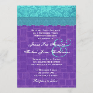 Convite Damasco azul do Aqua e A004 Wedding roxo