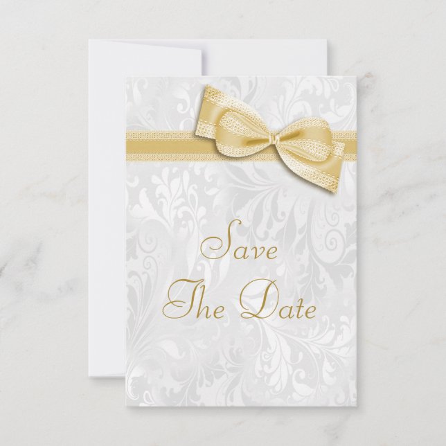 Convite Damasco Branco e Laço Falso Save The Date (Frente)