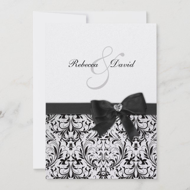 Convite Damasco branco e preto elegante com arco de diaman (Frente)
