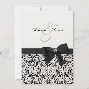 Convite Damasco branco e preto elegante com arco de diaman