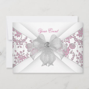 Convite Damasco Branco Rosa Floral Jóia Arco Festa