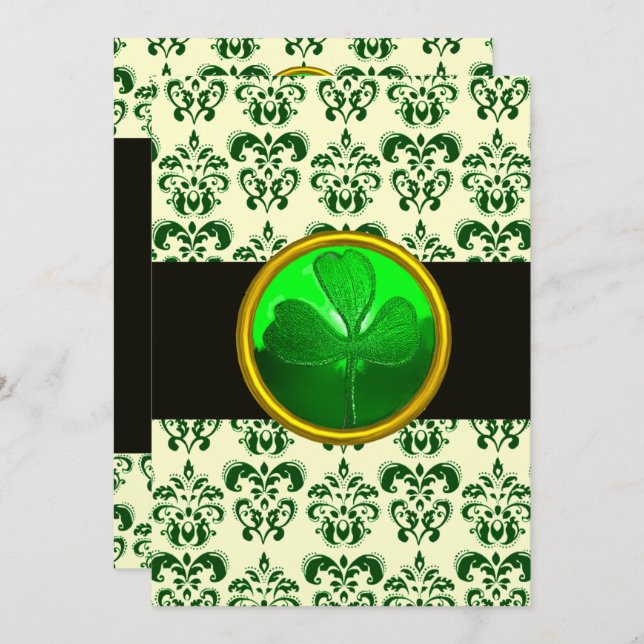 Convite DAMASCO BRANCO VERDE COM TREVO Preto Prata (Frente/Verso)