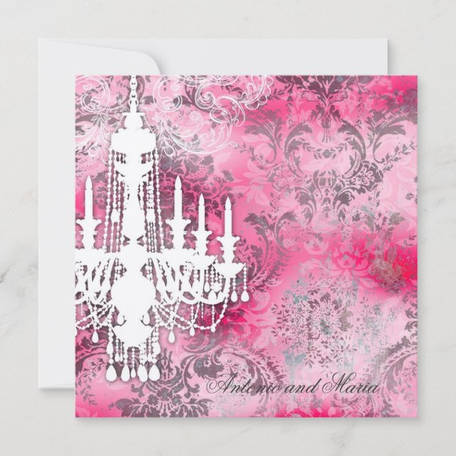 Convite Damasco cinzento Champagne M do rosa do candelabro (Frente)
