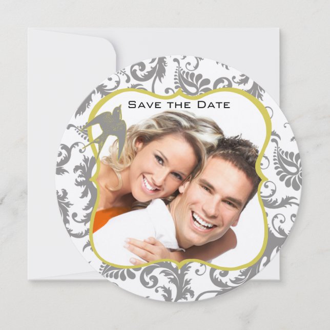 Convite Damasco de aves amarela e Cinza (Frente)