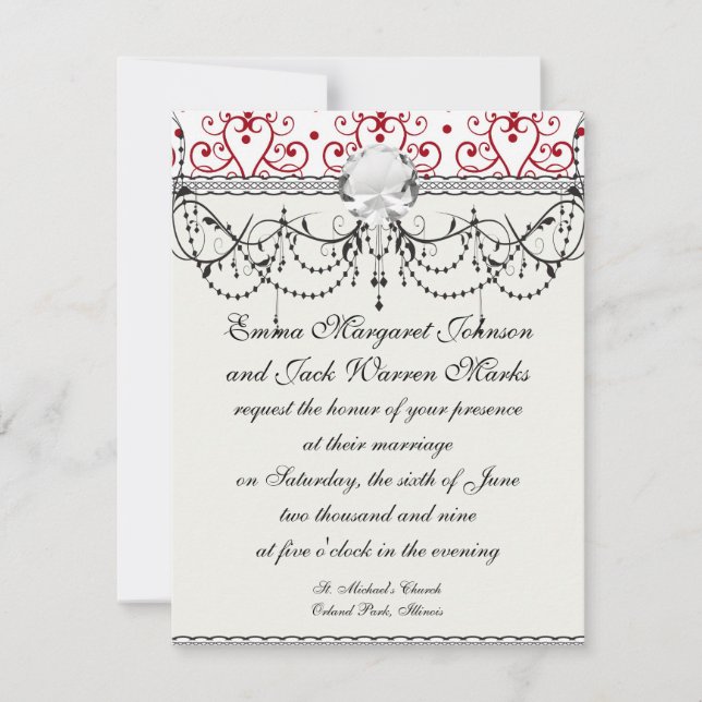 Convite Damasco de coração branco-vermelho (Frente)