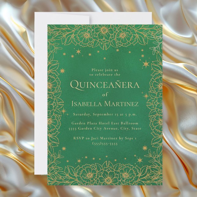 Convite Damasco de Ouro Verde Esmeralda Quinceañera Sweet  (Elegant emerald green and gold floral Quinceañera invitation)