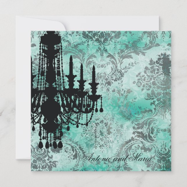 Convite Damasco do cinza de turquesa do candelabro do GC | (Frente)
