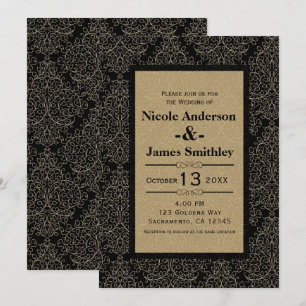 Convite Damasco Dourado e Preto Art Déco Glamour Chic Casa