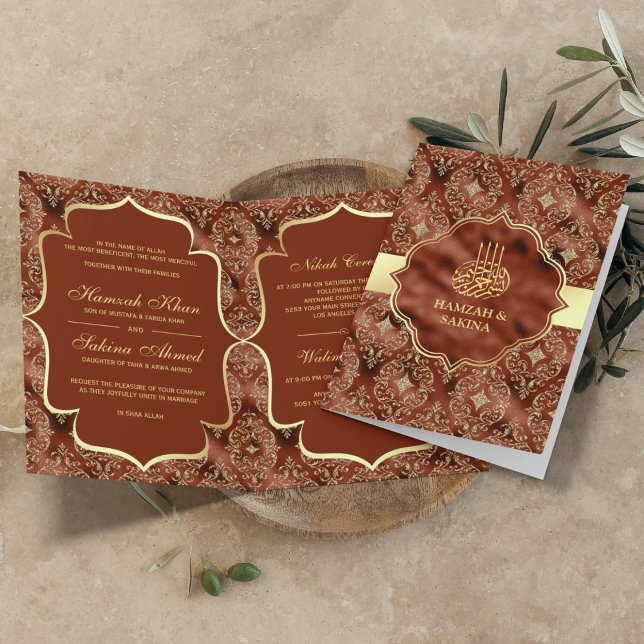 Convite Damasco Dourado Ferrugem Laranja Casamento Islâmic (Criador carregado)