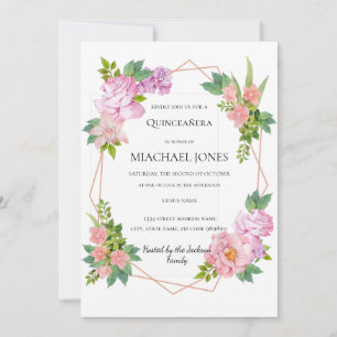 Convite Damasco Dourado Floral Geométrico Quinceanera