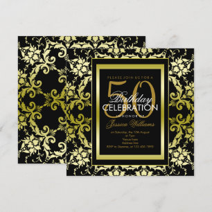 Convite Damasco Dourado Glamouroso Aniversário de 50 anos
