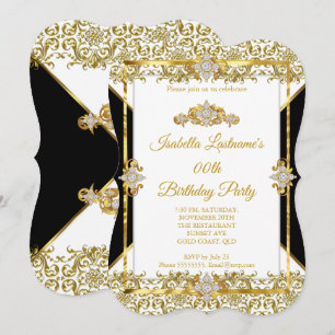 Convite Damasco Dourado Preto Branco Diamante Festa de Ani