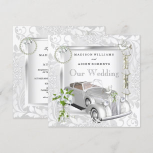 Convite Damasco elegante 2 do carro vintage do ouro branco