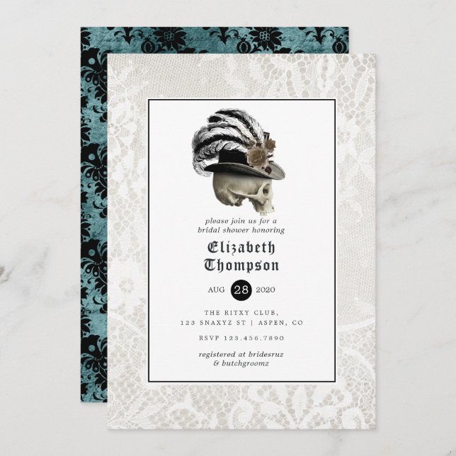 Convite Damasco Floral e Chá de panela Gótico de rendas (Frente/Verso)